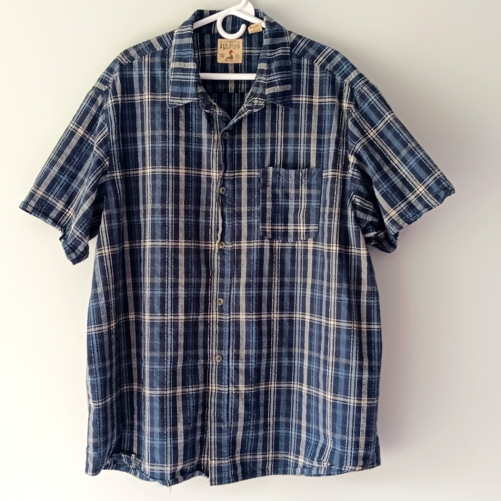 RedHead Goods Co. Cotton Button-Down Shirt Short Sleeve Plaid Blue White 3XL